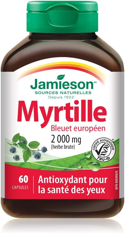 Jamieson Bilberry 2,000 mg, European Blueberry, Antioxidant for the Maintenance of Good Health, and Supports Eye Health. Non-GMO, Gluten-Free, 60 Vegetarian Capsules, Proudly Canadian