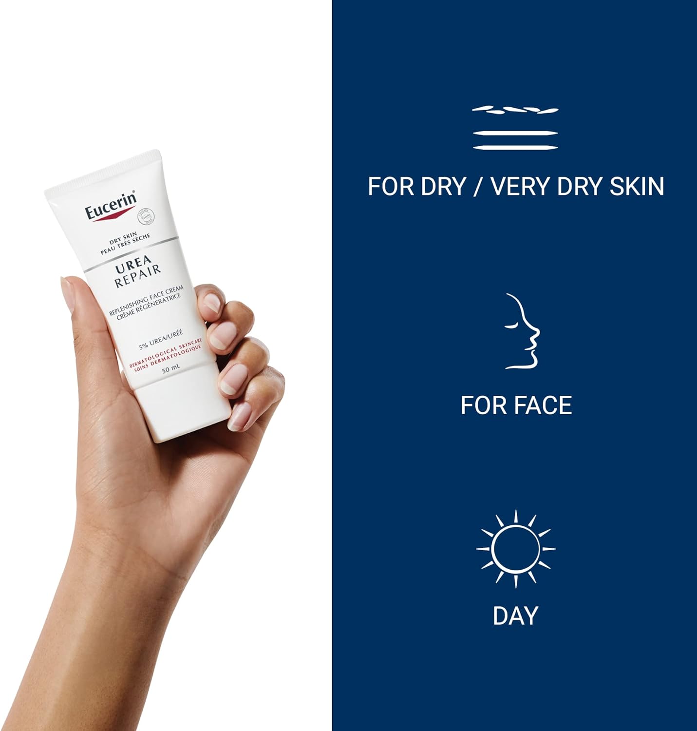 EUCERIN Urea Repair Replenishing Day Face Cream for Dry to Very Dry Skin | Face, 50mL | 5% Urea Cream | Lactate Cream | Fragrance-free Cream | Non-Greasy Cream | Recommended Brand by Dermatologists