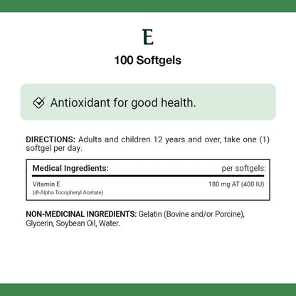自然之寶維生素 E 400 IU，抗氧化劑補充劑，有助於維持身體健康，適用於成人和 12 歲以上兒童，不含防腐劑，每日一粒軟膠囊，100 粒，67.1 克