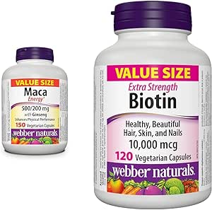 Webber Naturals Maca Energy with Ginseng, 150 Capsules, Vegan & Biotin 10,000 mcg Extra Strength, 120 Capsules, Supports Healthy Hair, Skin & Nails, Energy Metabolism, Vegan
