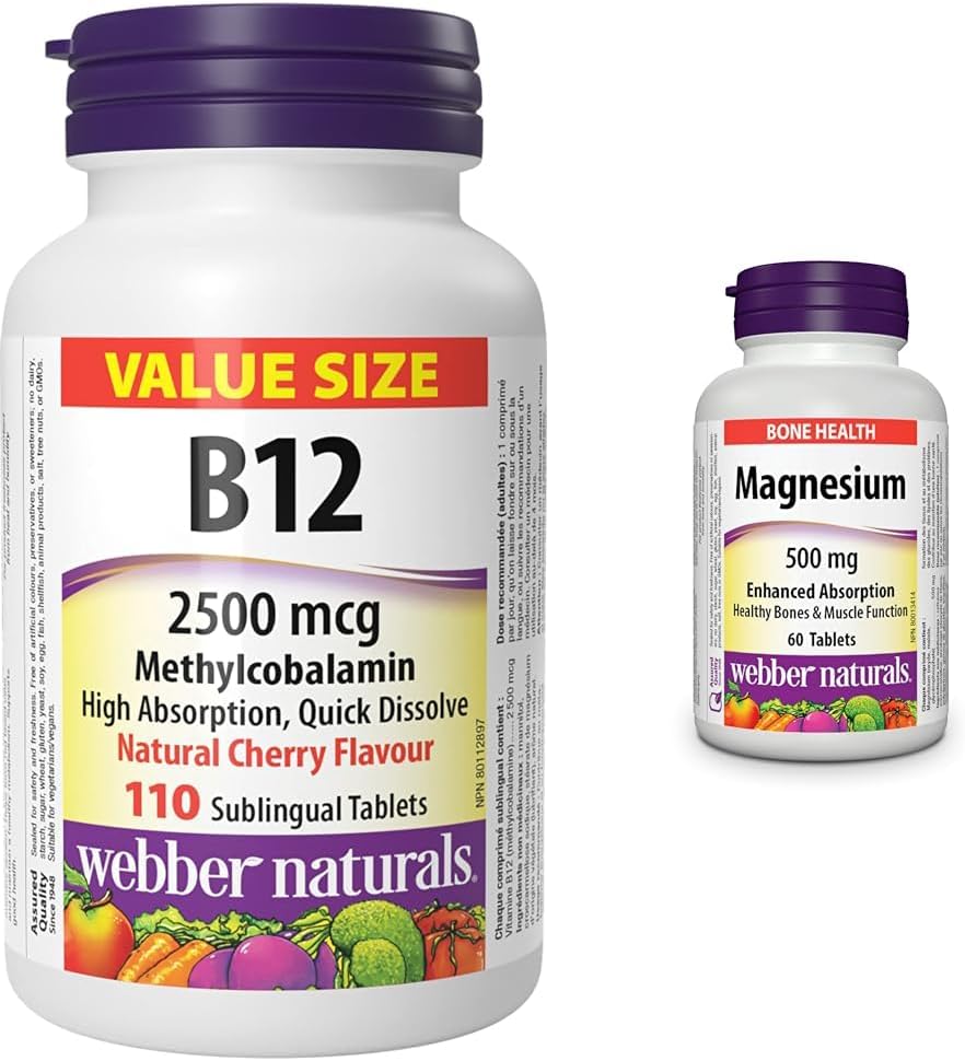 Webber Naturals 维生素 B12 2500 微克，速溶 & 镁 500 毫克，60 片，增强吸收矿物质，支持骨骼和肌肉功能，纯素