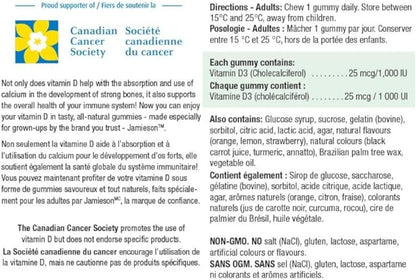 Jamieson 维生素 D3 1,000 IU 软糖（橙子、草莓、柠檬味）+ Jamieson B12 软糖（1,200 mcg 覆盆子味）