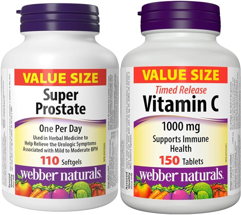 Webber Naturals 超级前列腺，110 粒软胶囊，有助于缓解泌尿系统症状和维生素 C 定时释放 1000 毫克，150 片，有利于骨骼、牙齿、免疫和抗氧化健康
