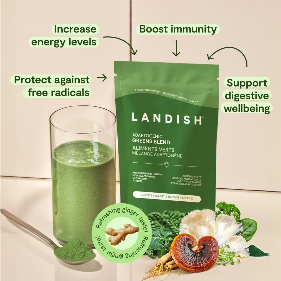 Landish Adaptogenic Greens Powder - Canadian-Grown Organic Greens, Spirulina, Functional Roots & Mushrooms - Energy, Digestion & Immunity - Vegan, Gluten & Caffeine-Free - Made in Canada - 180 g