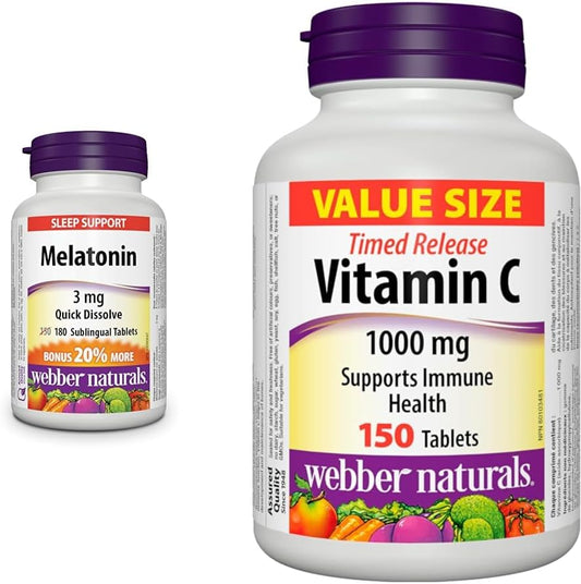 Webber Naturals Melatonin 3 mg, 180 Quick Dissolve Tablets, For Sleep Support, Vegetarian & Vitamin C Timed Release 1000 mg, 150 Tablets, For Bones, Teeth, Immune and Antioxidant Health
