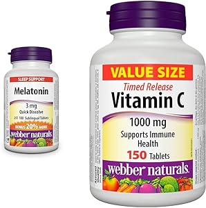 Webber Naturals Melatonin 3 mg, 180 Quick Dissolve Tablets, For Sleep Support, Vegetarian & Vitamin C Timed Release 1000 mg, 150 Tablets, For Bones, Teeth, Immune and Antioxidant Health