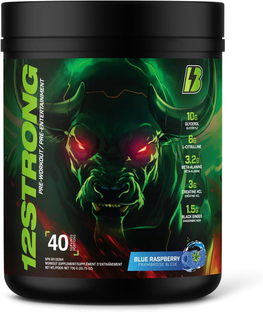 BULL Nutrition 12 STRONG - 含甘油、L-瓜氨酸、β-丙氨酸和肌酸补充剂的运动前粉末，可促进肌肉生长并提高耐力、力量、专注力和能量输出 - 加拿大制造 - 40 份……