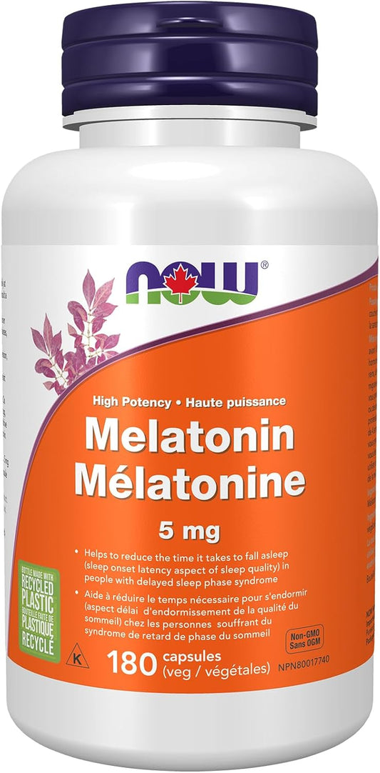 NOW Supplements，褪黑激素 5 毫克，自由基清除剂，健康睡眠周期，180 粒素食胶囊