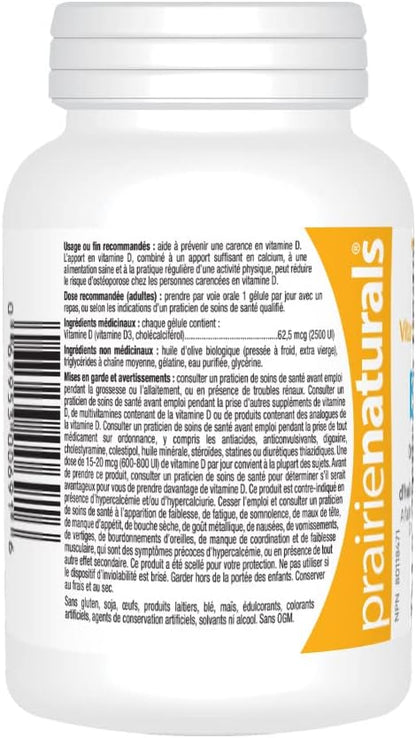 Prairie Naturals 維生素 D3 膽鈣化醇 2,500 IU 有機特級初榨橄欖油軟膠囊 - 180 粒