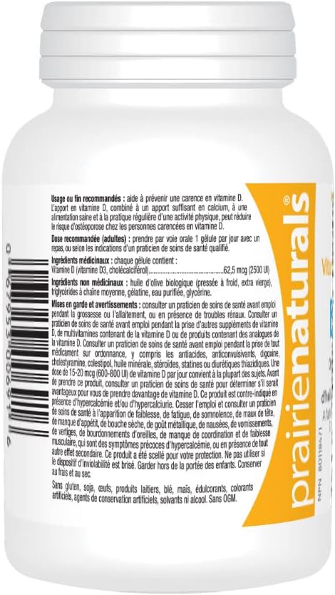 Prairie Naturals 維生素 D3 膽鈣化醇 2,500 IU 有機特級初榨橄欖油軟膠囊 - 180 粒