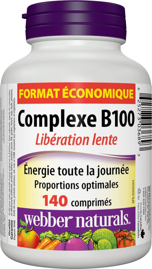 Webber Naturals 维生素 B100 复合物，定时释放，140 片，支持能量生成和代谢，纯素
