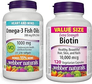 Webber Naturals Omega-3 魚油 1,000 毫克，210 粒軟膠囊，支持心血管健康和大腦健康，生物素 10,000 微克超強效，120 粒膠囊，支持健康的頭髮、皮膚和指甲