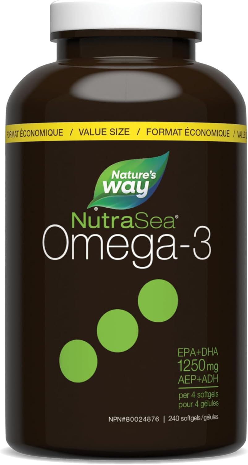 Nature's Way NutraSea Omega-3 补充剂软胶囊，柠檬味 - EPA 和 DHA 鱼油 - 支持 14 岁以上儿童和成人的心脏和大脑健康，240 粒软胶囊，超值装