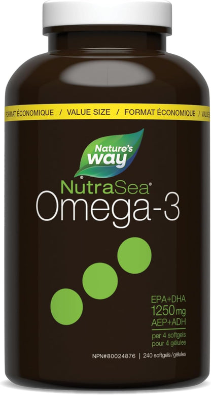 Nature's Way NutraSea Omega-3 补充剂软胶囊，柠檬味 - EPA 和 DHA 鱼油 - 支持 14 岁以上儿童和成人的心脏和大脑健康，240 粒软胶囊，超值装