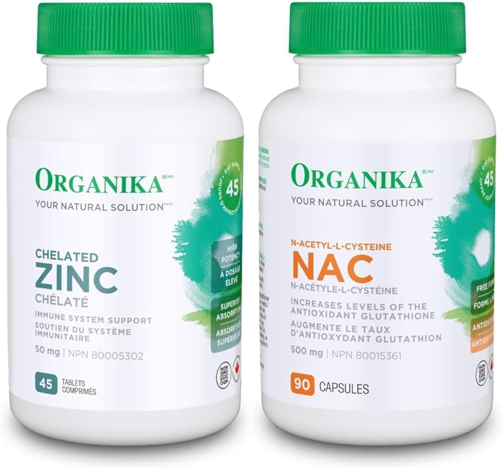 Organika 螯合鋅 45 片 & NAC（N-乙醯-L-半胱氨酸）500 毫克 - 支持抗氧化穀胱甘肽水平、免疫系統支持、肝臟和排毒支持 - 90 粒膠囊