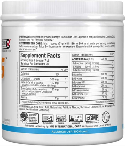 ALLMAX Nutrition ACUTS - 氨基酸粉补充剂，含牛磺酸、左旋肉碱、绿咖啡豆提取物 - 蓝莓 - 252 克