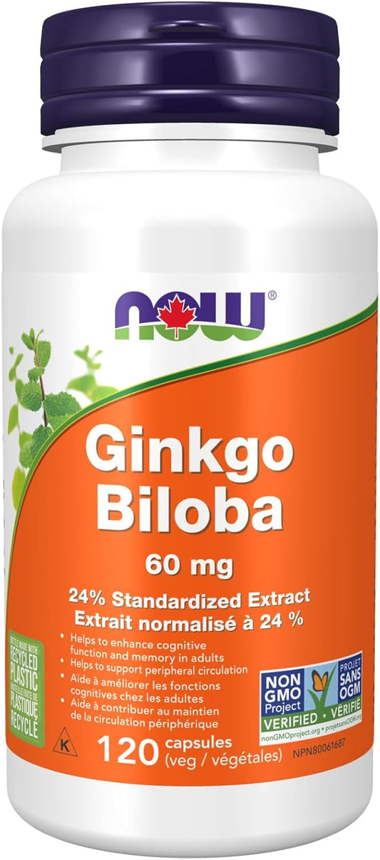 NOW Supplements Ginkgo Biloba Extract 60mg Vegetable Capsules, 120 Count