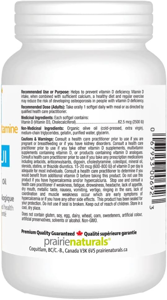 Prairie Naturals 維生素 D3 膽鈣化醇 2,500iu 軟膠囊，550 粒