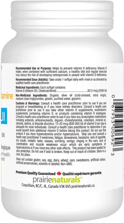 Prairie Naturals 維生素 D3 膽鈣化醇 2,500iu 軟膠囊，550 粒