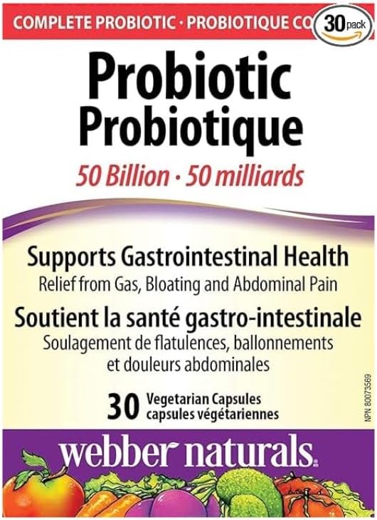 Webber Naturals Probiotic 50 Billion Active Cells, 10 Probiotic Strains, 30 Capsules, For Digestive Health, Vegetarian