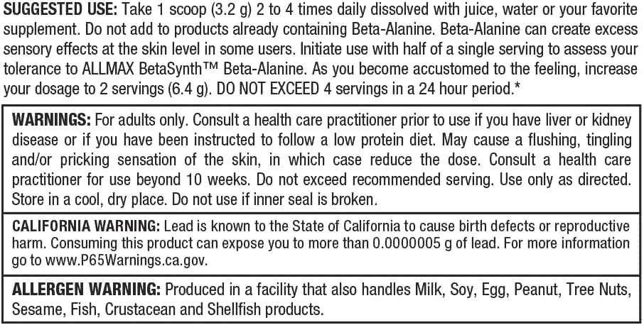 ALLMAX Nutrition - 100% 纯正强效 + 吸收 - β-丙氨酸 - 400 克
