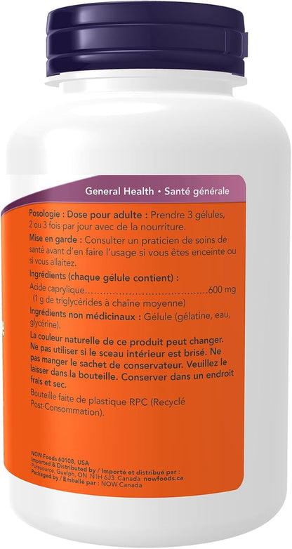 NOW Supplements, Caprylic Acid 600 mg, MCT (Medium-Chain Triglycerides), 100 Softgels