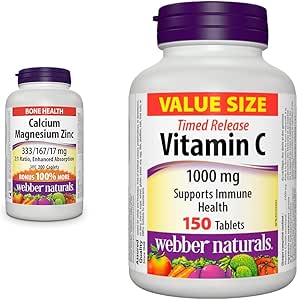 Webber Naturals 鈣鎂鋅複合片，200 粒膠囊，促進吸收，維生素 C 定時釋放 1000 毫克，150 片，有益於骨骼、牙齒、免疫和抗氧化健康