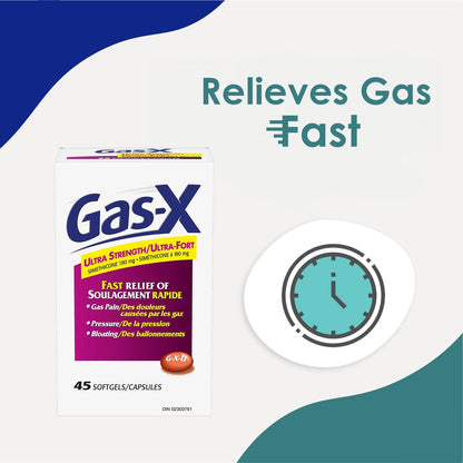 Gas-X 超強效軟膠囊，緩解脹氣、腹脹和腹壓，180 毫克西甲矽油，45 粒