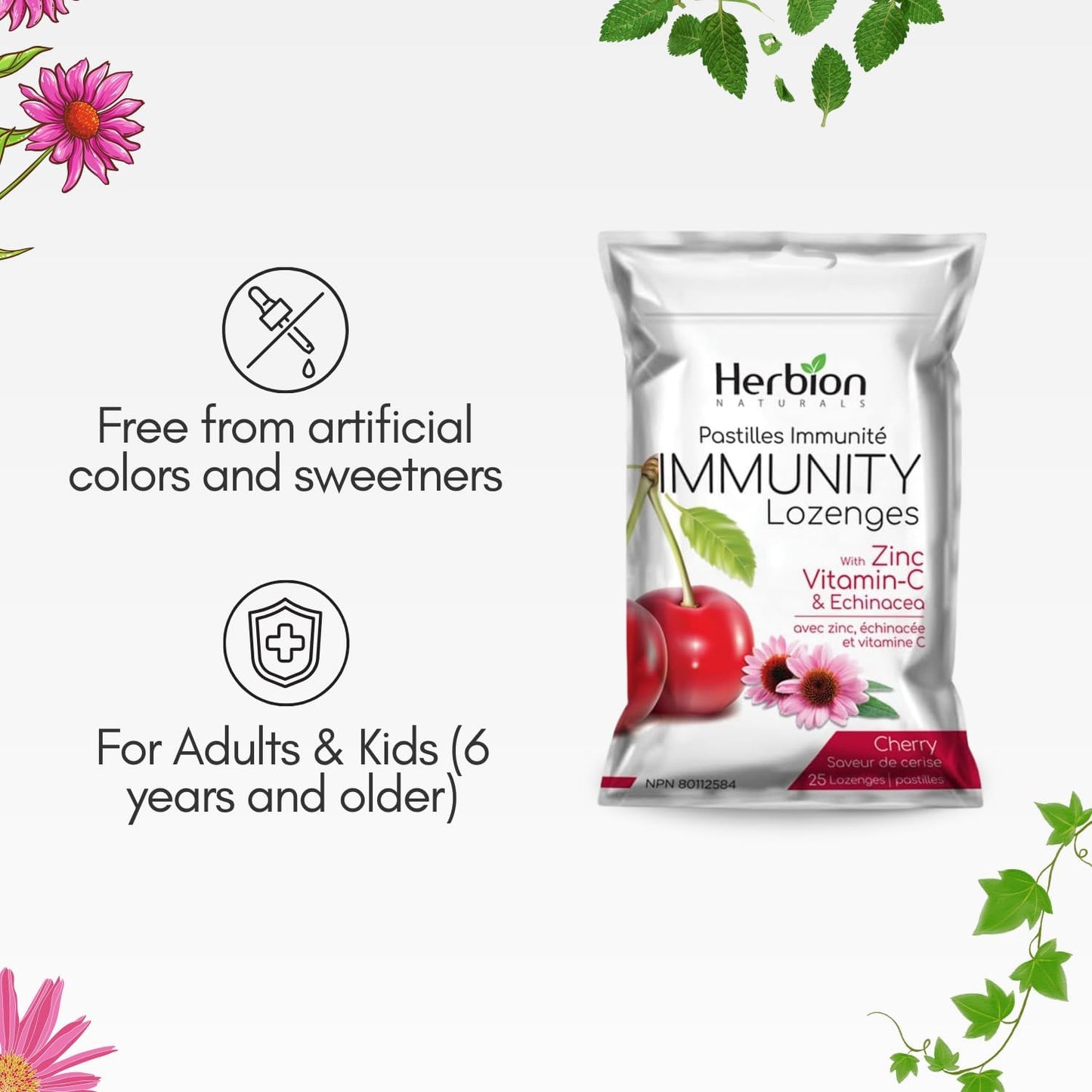 Herbion Naturals 免疫润喉糖，含锌、维生素 C 和紫锥菊，抗氧化剂来源，帮助维持和支持免疫系统，促进成人和 6 岁以上儿童的健康，25 粒，樱桃味