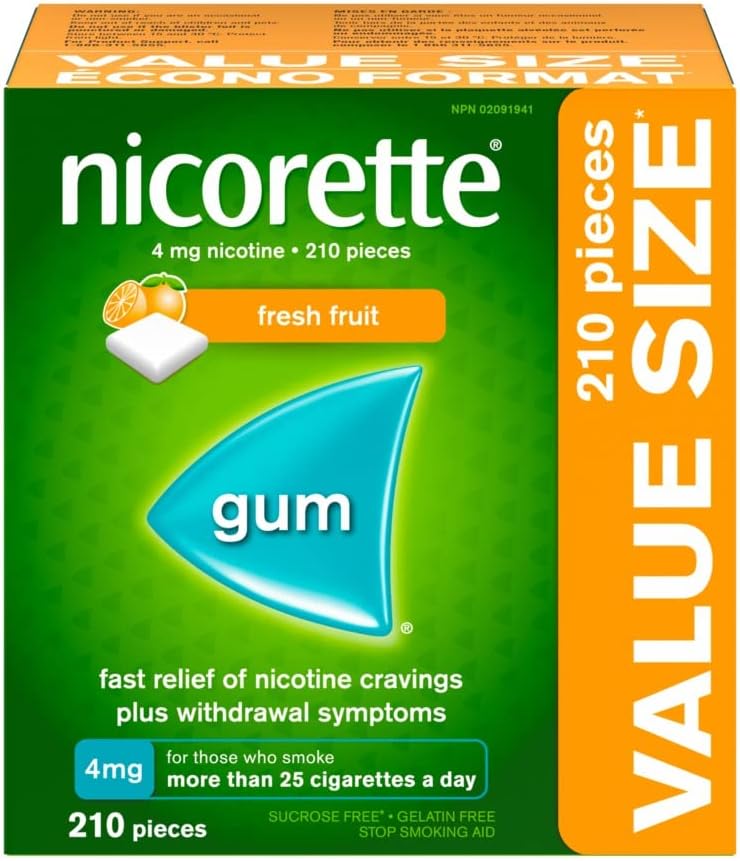 Nicorette 戒烟辅助剂，尼古丁口香糖戒烟辅助剂，新鲜水果味，4 毫克，210 片超值装和口香糖，新鲜水果味，4 毫克，105 片