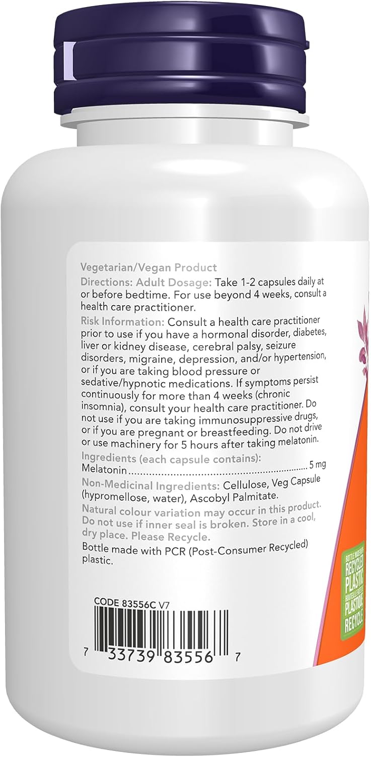 NOW Supplements，褪黑激素 5 毫克，自由基清除劑，健康睡眠週期，180 粒素食膠囊