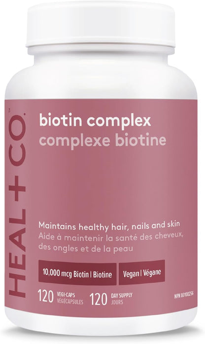 HEAL + CO. 生物素复合物 | 生物素、钙、硅、镁、维生素 D2 | 10,000 微克生物素补充剂 | 支持皮肤、头发和指甲健康 | 120 粒胶囊