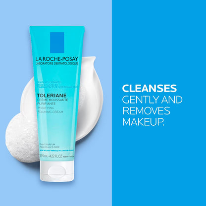La Roche-Posay Face Cleanser, Toleriane Purifying Foaming Cream for Sensitive Skin with Glycerin, Cleanser and Makeup Remover, Fragrance Free, Preservative Free, Soap Free, Dermatologist Recommended Brand, 125 ML