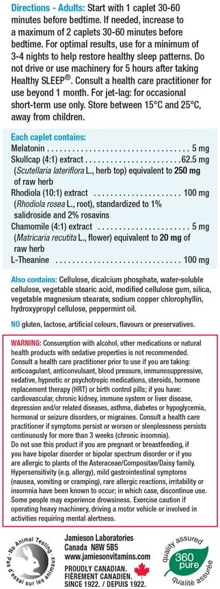 Jamieson Healthy Sleep, Timed Release Melatonin 5 mg with L-Theanine, Chamomile, Skullcap and Rhodiola, Improves Sleep Quality, Increases Sleep Time, Promotes Relaxation, and Relieve Restlessness. Vegetarian, Gluten-Free…