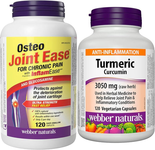 Webber Naturals Osteo Joint Ease with InflamEase and Glucosamine + Webber Naturals Turmeric Curcumin 3,050 mg Raw Herb