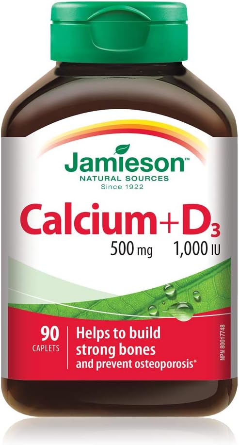 Jamieson 钙片 500 毫克，含 1,000 国际单位维生素 D3，高吸收率，支持骨骼健康，有助于预防骨质疏松症和骨质流失。易于吞咽，素食，非转基因，无麸质，90 粒胶囊，加拿大制造