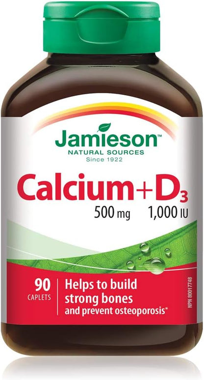 Jamieson 钙片 500 毫克，含 1,000 国际单位维生素 D3，高吸收率，支持骨骼健康，有助于预防骨质疏松症和骨质流失。易于吞咽，素食，非转基因，无麸质，90 粒胶囊，加拿大制造