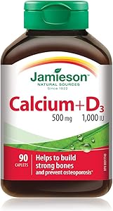 Jamieson 鈣錠 500 毫克，含 1,000 國際單位維生素 D3，高吸收率，支持骨骼健康，有助於預防骨質疏鬆症和骨質流失。易於吞嚥，素食，非基因改造，無麩質，90 粒膠囊，加拿大製造