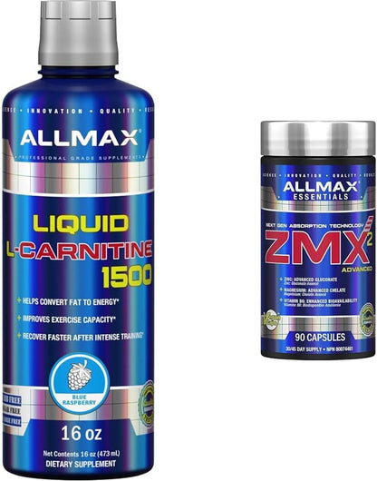 ALLMAX Nutrition - 左旋肉鹼液體 + 維生素 B5 - 藍莓口味 - 473 毫升 & ZMX2，90 粒裝
