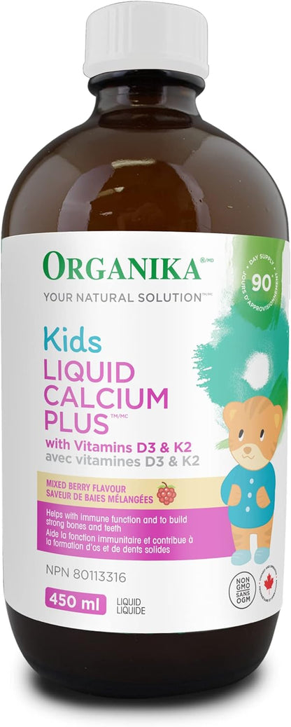 Organika Kids 液體鈣加強型 - 含維生素 D3 和 K2 - 促進骨骼和牙齒健康發育 - 混合漿果口味 - 450 毫升