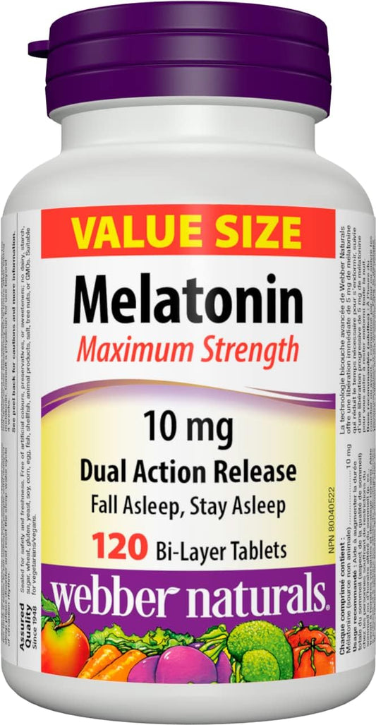 Webber Naturals Melatonin 10 mg Maximum Strength, 120 Dual Action Release Tablets & Biotin 10,000 mcg Extra Strength, 120 Capsules, Supports Healthy Hair, Skin & Nails, Energy Metabolism, Vegan