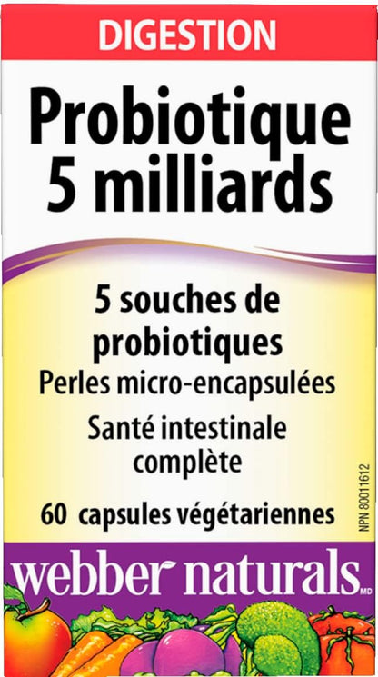 Webber Naturals Probiotic 5 Billion Active Cells, 5 Probiotic Strains, 60 Capsules, For Digestive Health, Vegetarian