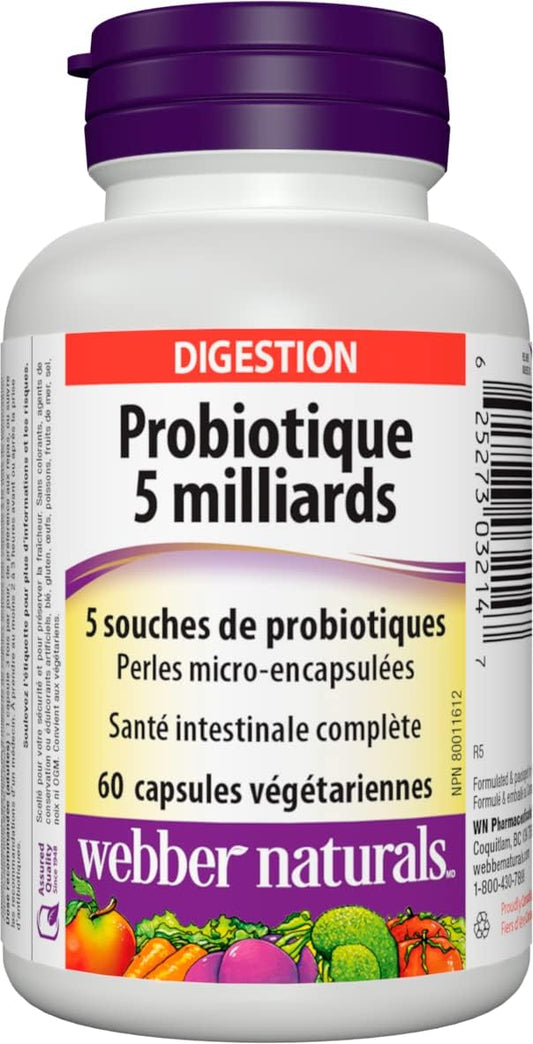 Webber Naturals Probiotic 5 Billion Active Cells, 5 Probiotic Strains, 60 Capsules, For Digestive Health, Vegetarian