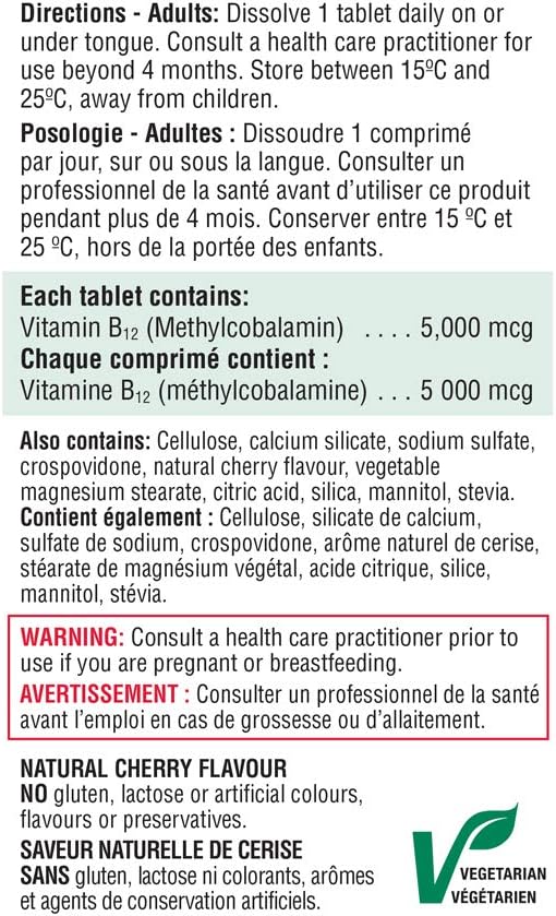 Jamieson 维生素 B12 5,000 微克速溶舌下片，天然樱桃味，甲钴胺，促进能量生成和代谢。素食。无麸质，不含人工色素、香精或防腐剂……