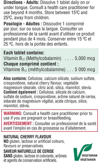 Jamieson 维生素 B12 5,000 微克速溶舌下片，天然樱桃味，甲钴胺，促进能量生成和代谢。素食。无麸质，不含人工色素、香精或防腐剂……