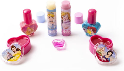Lip Smacker Disney Princess 5-Piece Beauty Tote for Kids, Includes Lip Balm, Nail Polish & Hair Accessories, Travel Bag Gift Set Featuring Rapunzel & Cinderella, Cruelty-Free