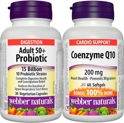 Webber Naturals Probiotic Adult 50+, 15 Billion Active Cells, 10 Probiotic Strains, 30 Capsules, For Digestive Health and Constipation Relief, Vegan & Coenzyme Q10 (CoQ10) 200mg