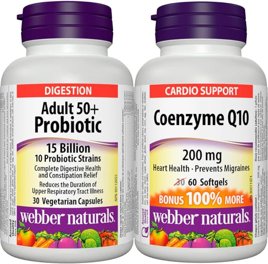 Webber Naturals Probiotic Adult 50+, 15 Billion Active Cells, 10 Probiotic Strains, 30 Capsules, For Digestive Health and Constipation Relief, Vegan & Coenzyme Q10 (CoQ10) 200mg