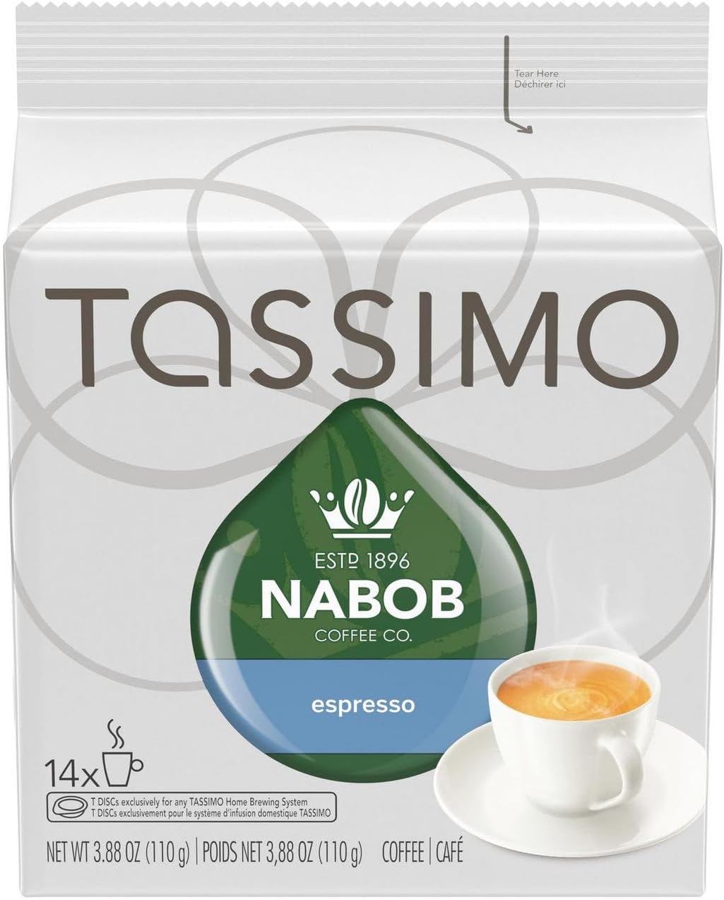 Tassimo Nabob 浓缩咖啡单份 T 盘，110 克（5 盒，每盒 14 块）和 Nabob Café Crema 咖啡单份 T 盘，110 克
