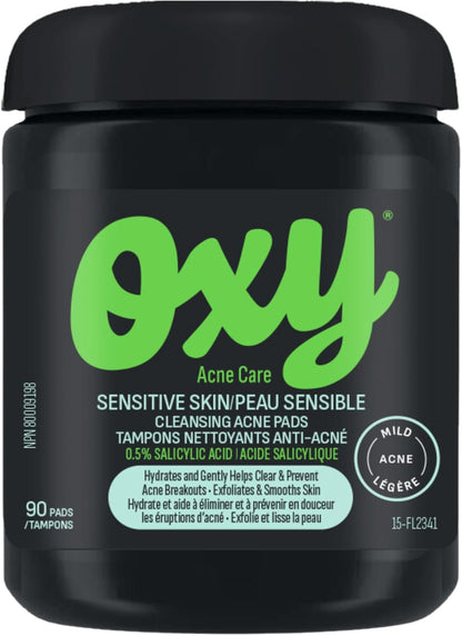 Oxy Sensitive Skin Cleansing Acne Pads - Clinically Proven Salicylic Acid (0.5%) – Gentle Formula to Help Treat and Prevent Breakouts - Enhanced Moisturizers - Unscented - Dermatologist Tested